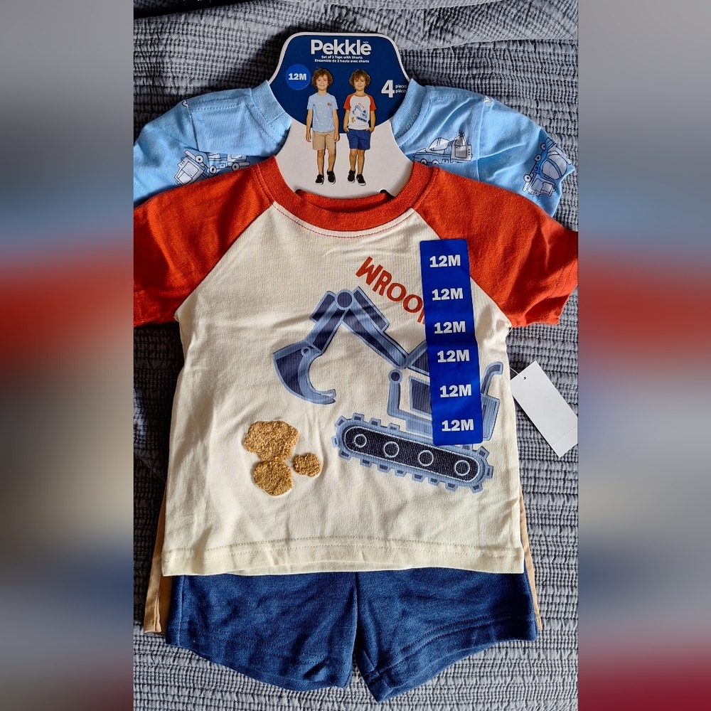 Pekkle Baby Boys' Construction T-Shirt & Shorts, 2 Sets, 4 Pieces Size 12 Months